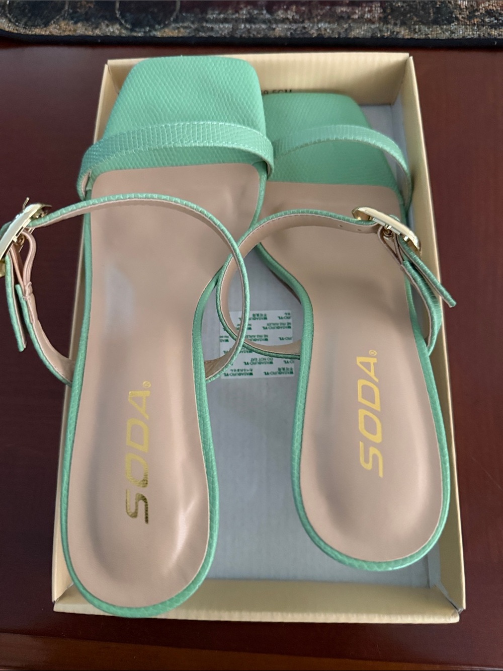 Soda Mint Green Square-Toe Ankle Strap Heels
